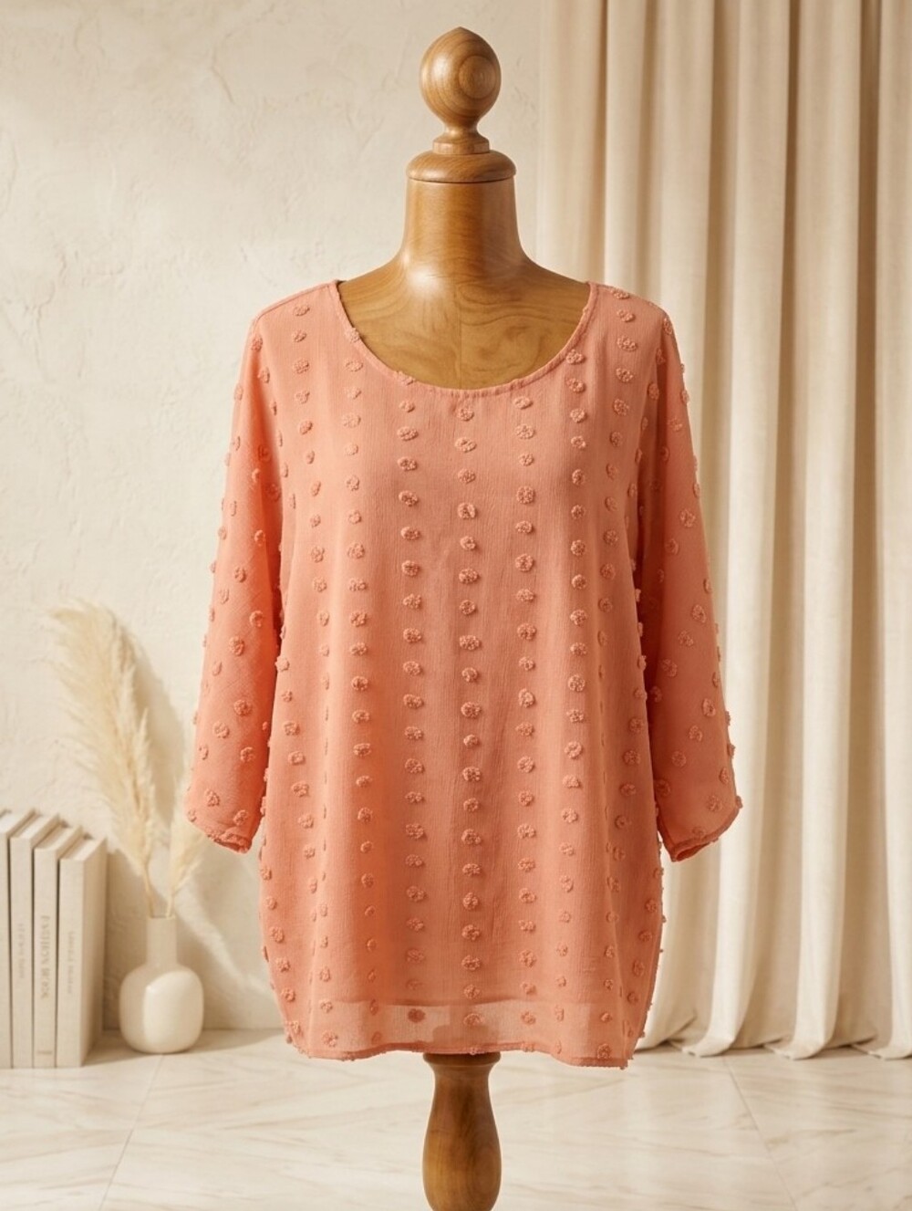 First Love Peach 3D Polka Dot U-Neck Blouse Sz 3X